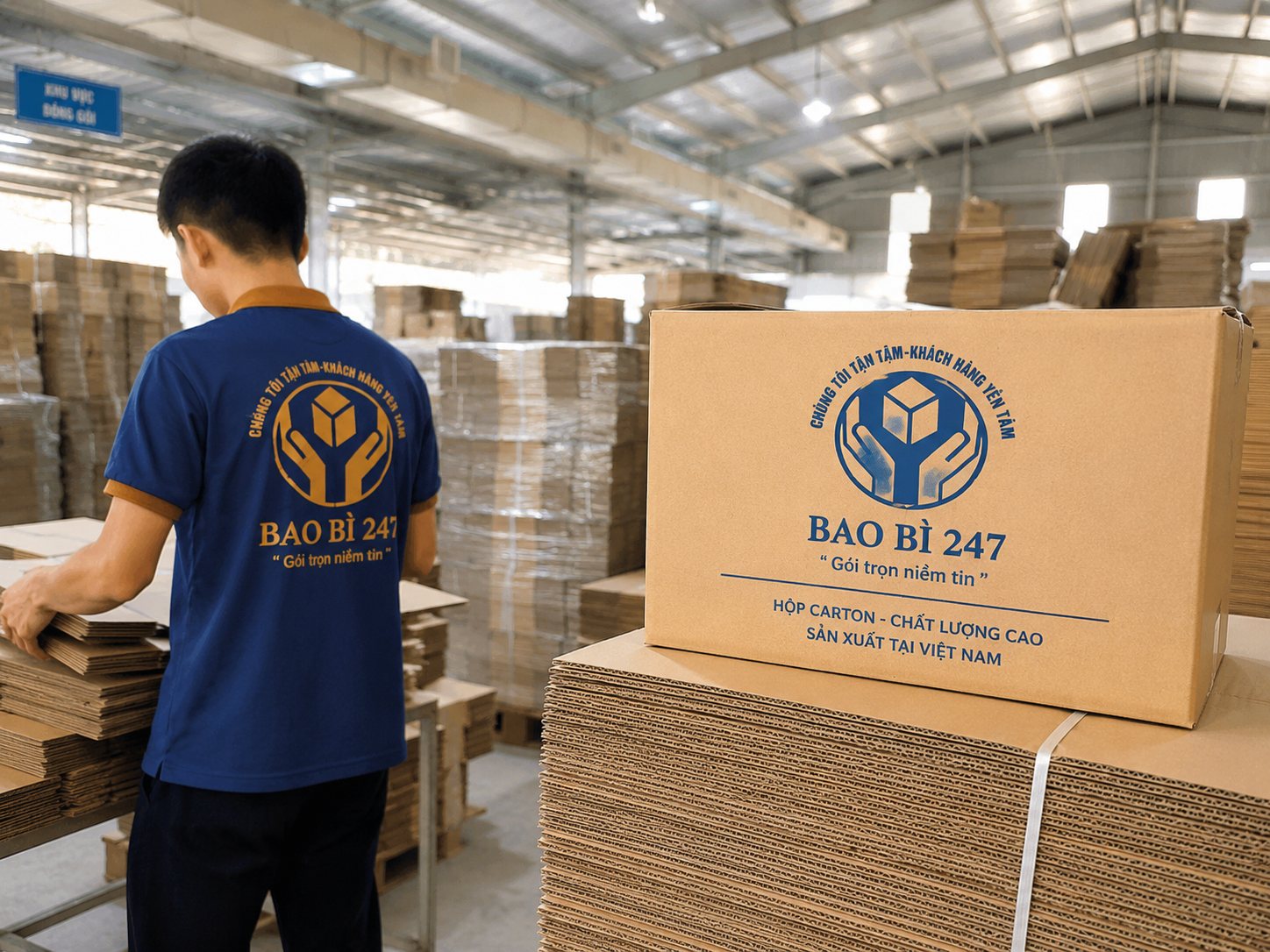 Nhân viên áo BB247 GOLD bốc carton