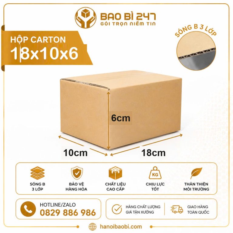 Hộp carton 3 lớp 18x10x6 Bao Bì 247 giá tận xưởng