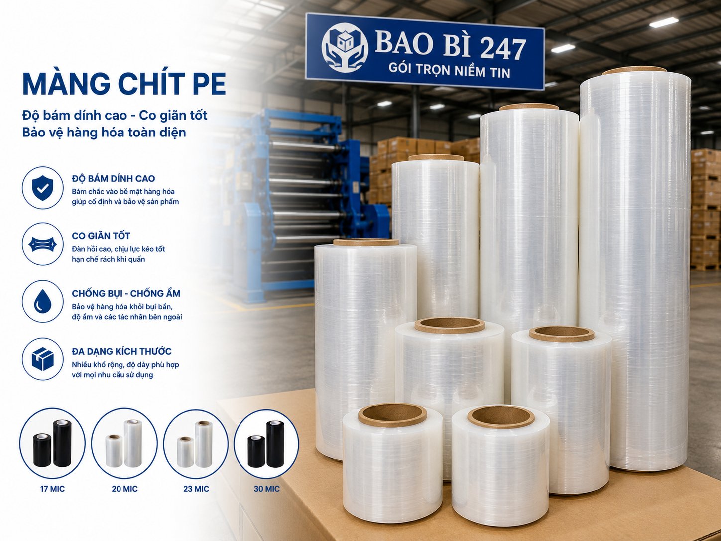 Màng chít PE quấn hàng Bao Bì 247, đủ độ dày 17 20 23 30 mic, màu trắng và đen